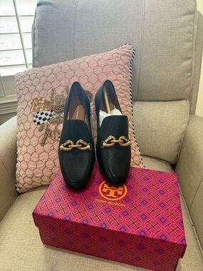 Tory Burch Black Leather Loafers with Gold Chain Accent